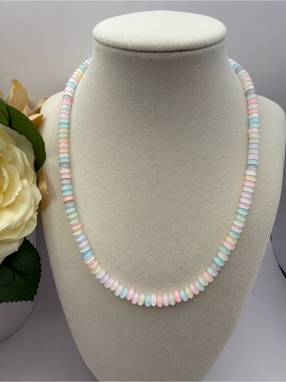 Handcrafted Pastel Glass Bead Necklace 18” Princess Length Candy Inspired